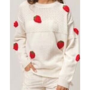BIBI new w/tag White Knit Sweater Red & Green raised crocheted strawberries